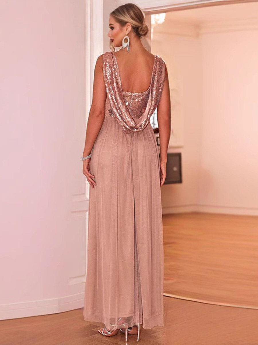 V-Neck Sleeveless Evening Gown - Sequin Chiffon Patchwork