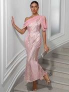 One-Shoulder Sequin Maxi Gown with Chiffon Patchwork