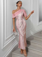 Maxi Party Gown - One-Shoulder with Sequin Chiffon Patchwork
