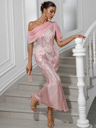 Elegant One-Shoulder Party Gown - Chiffon Patchwork with Sequins