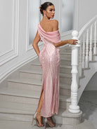 Sparkling Sequin One-Shoulder Maxi Gown - Chiffon Patchwork Detail