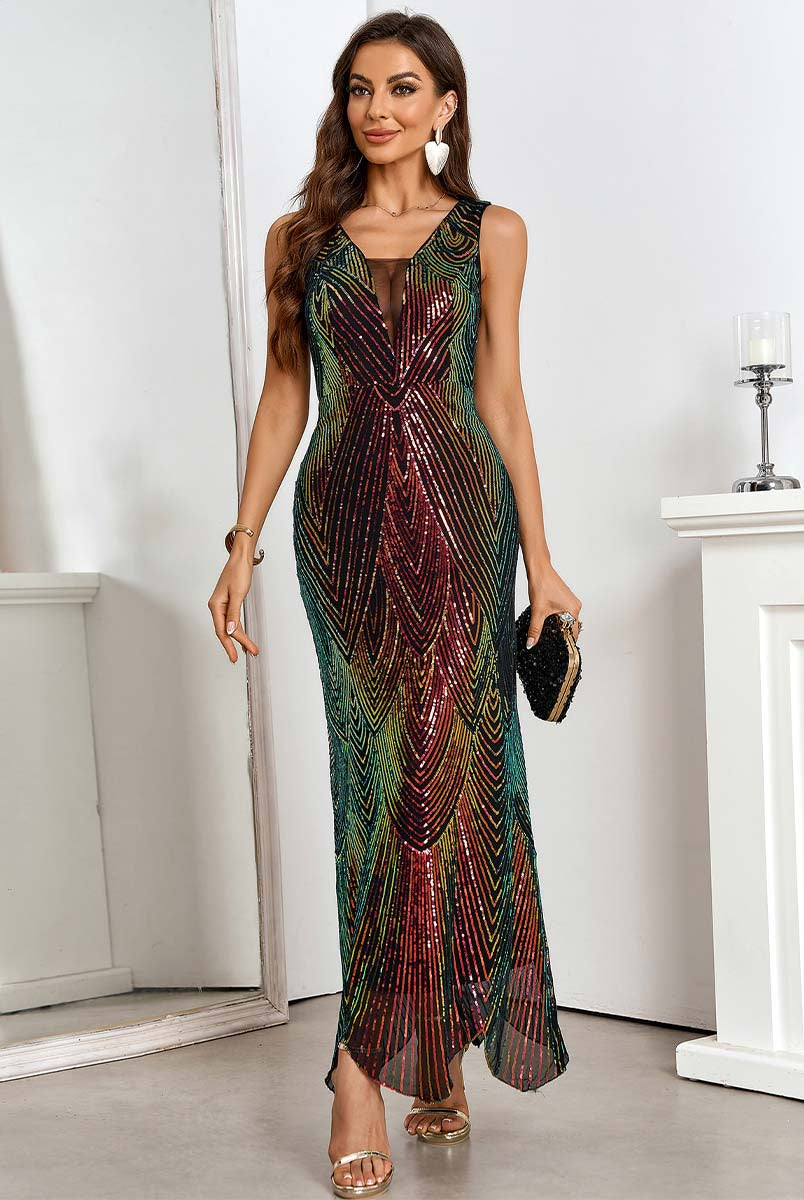 Burgundy Gradient Deep V-Neck Sleeveless Sequin Dress