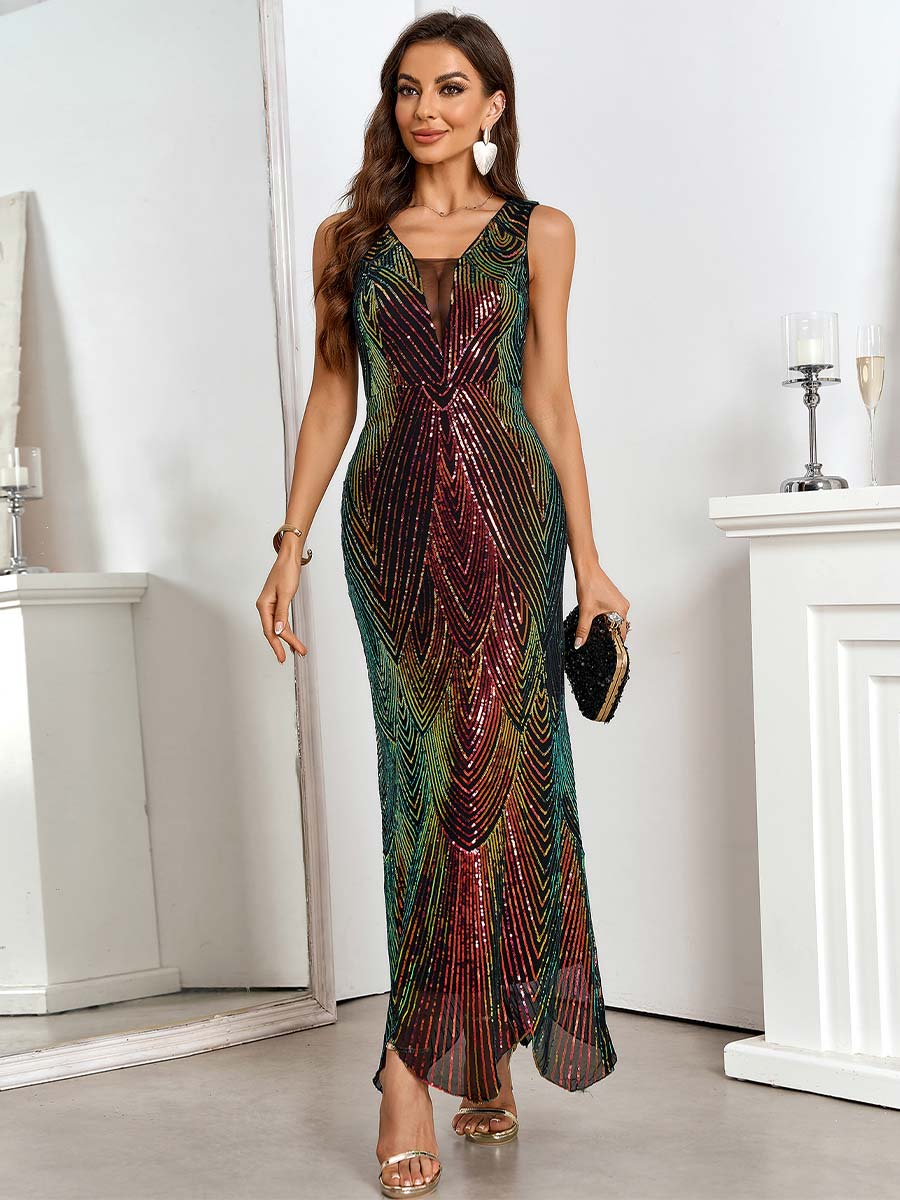Burgundy Gradient Deep V-Neck Sleeveless Sequin Dress