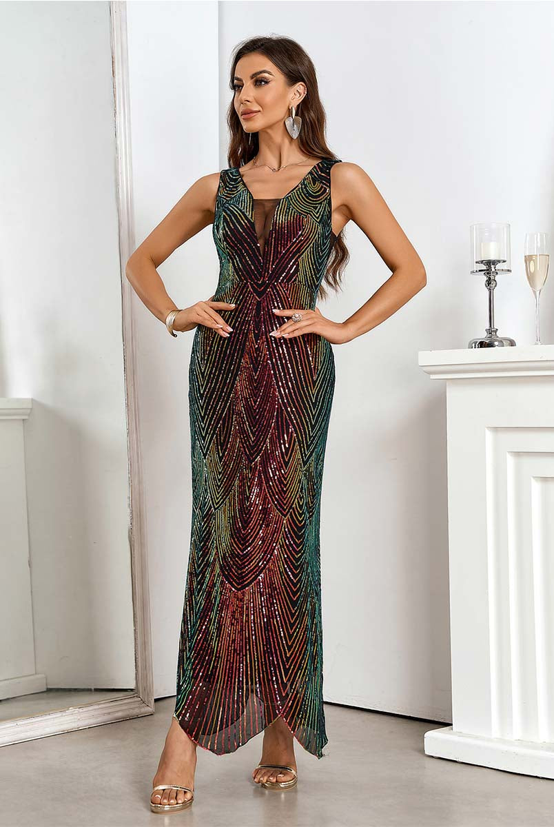 Deep V-Neck Sleeveless Sequin Dress - Burgundy Gradient