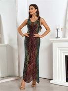 Deep V-Neck Sleeveless Sequin Dress - Burgundy Gradient