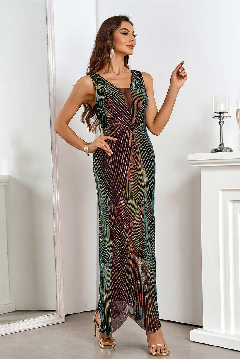 Sleeveless Sequin Dress with Burgundy Gradient Deep V-Neck