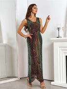 Sleeveless Sequin Dress with Burgundy Gradient Deep V-Neck