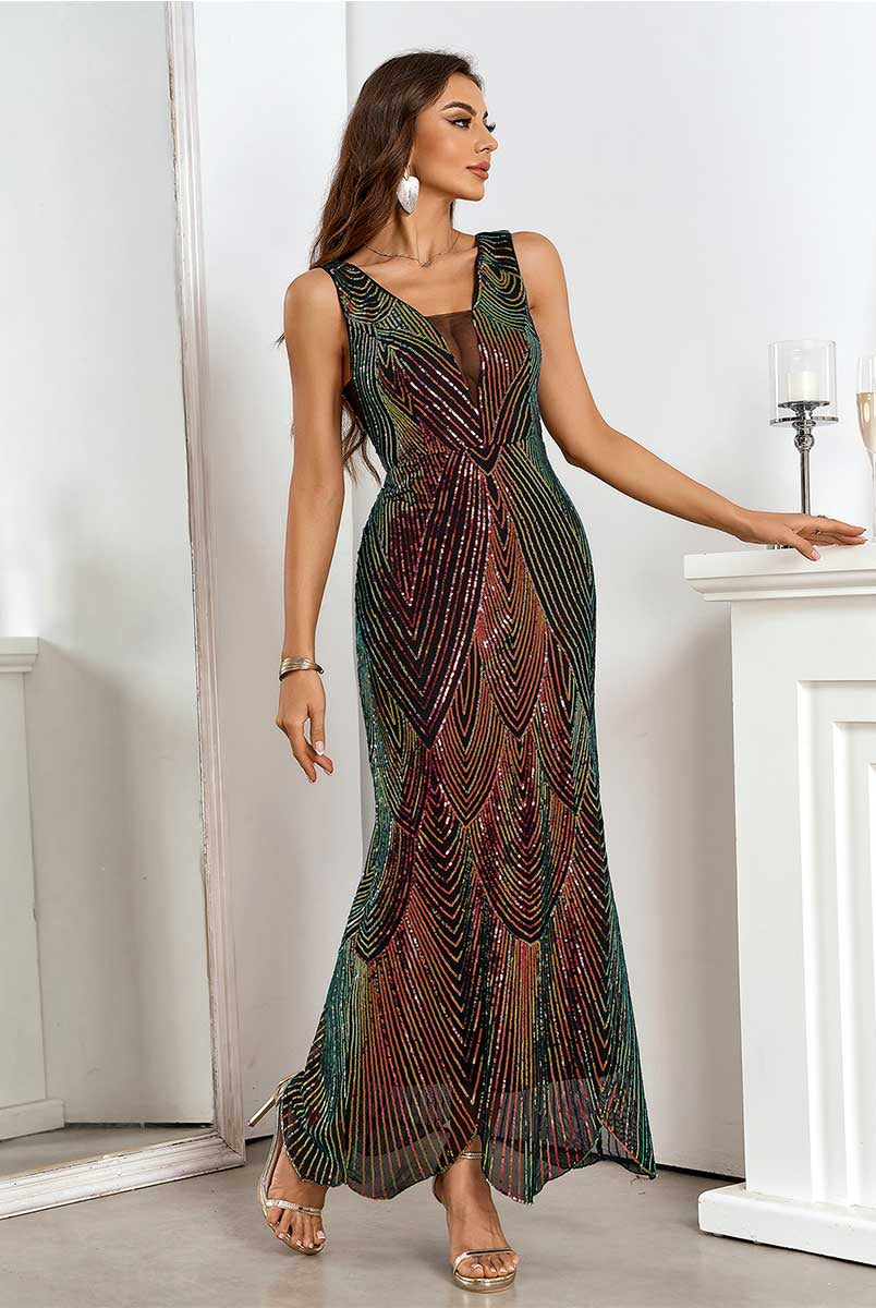 Elegant Burgundy Deep V-Neck Sequin Dress - Sleeveless Gradient