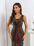 Ombre Burgundy Deep V-Neck Sleeveless Sequin Dress