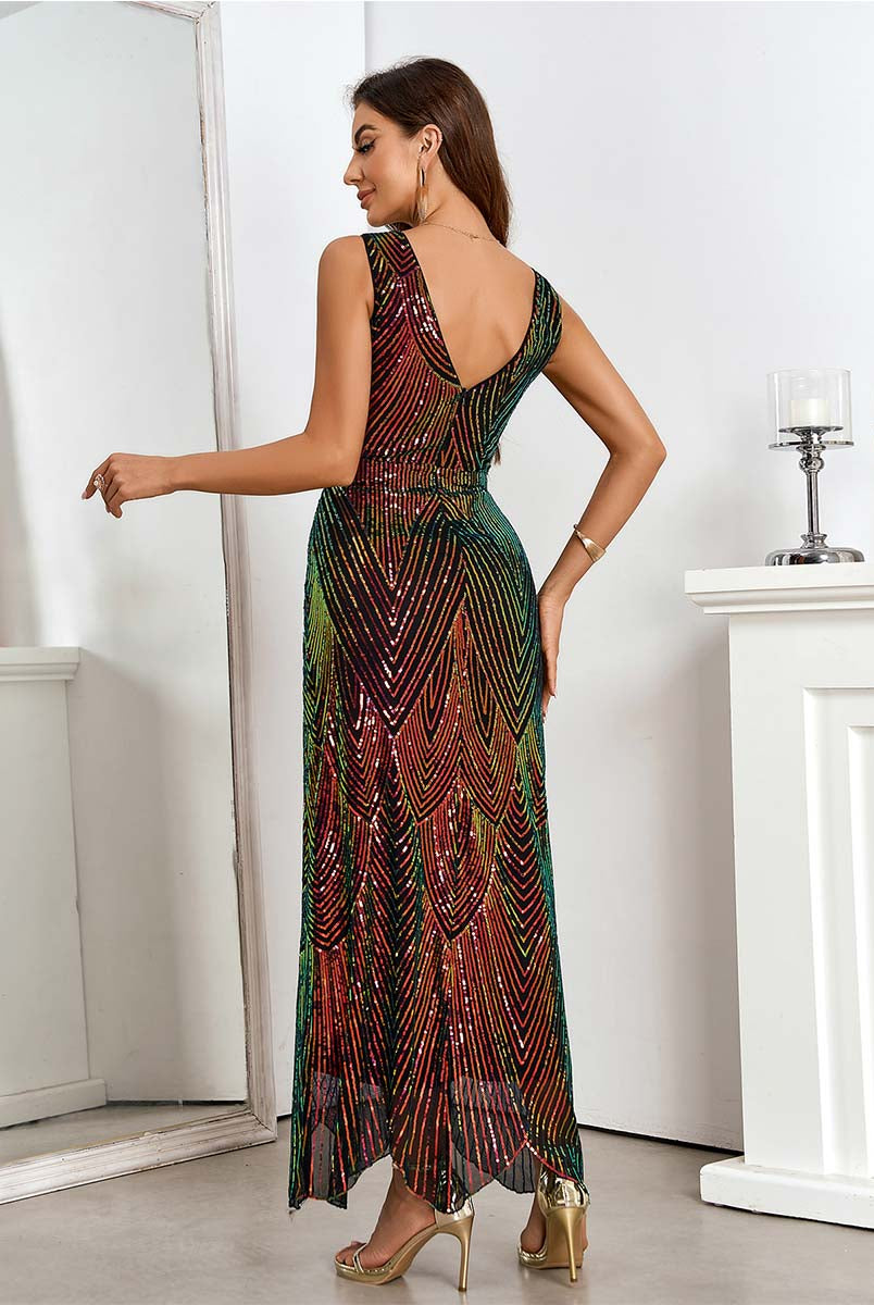Sleeveless Deep V-Neck Sequin Dress in Gradient Burgundy