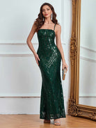 Spaghetti Strap Sequin Emerald Green Party Maxi Dress
