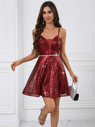 Sequin Red A-Line Party Mini Dress with Deep V-Neck