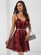 A-Line Red Sequin Party Mini Dress with Deep V-Neck