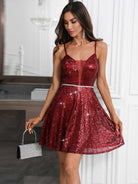 Plunging V-Neck Red Sequin A-Line Party Mini Dress
