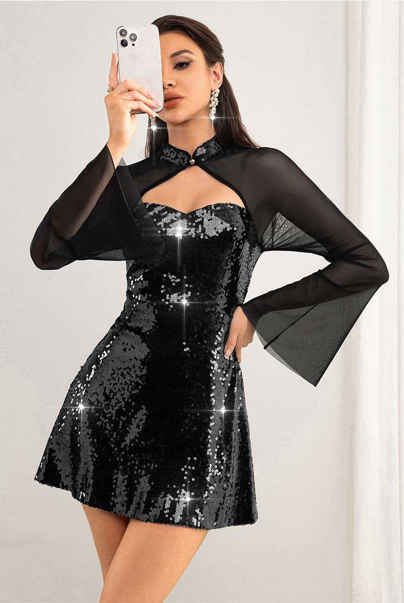 Tube Top Dress with Sequin & Mesh Panels and Flared Sleeves