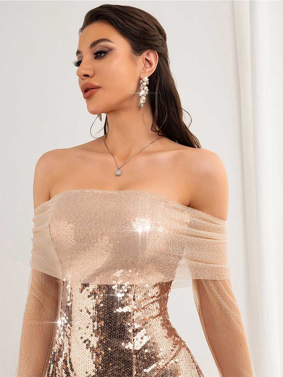 Mesh Patchwork Mini Dress - Sequin Off-Shoulder Party Style