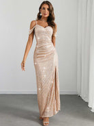 Sequin Gown with Flutter Sleeves, Slit, and Spaghetti Straps