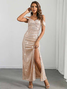 Flutter Sleeve Sequin Party Gown with Slit and Spaghetti Straps