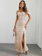 Slit Spaghetti Strap Sequin Party Gown with Flutter Sleeves