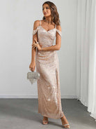 Spaghetti Strap Sequin Gown with Flutter Sleeves and Slit