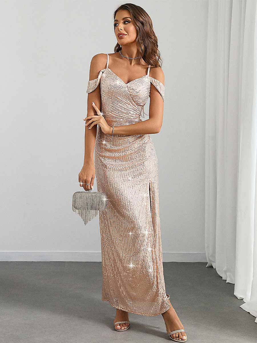 Spaghetti Strap Sequin Gown with Flutter Sleeves and Slit