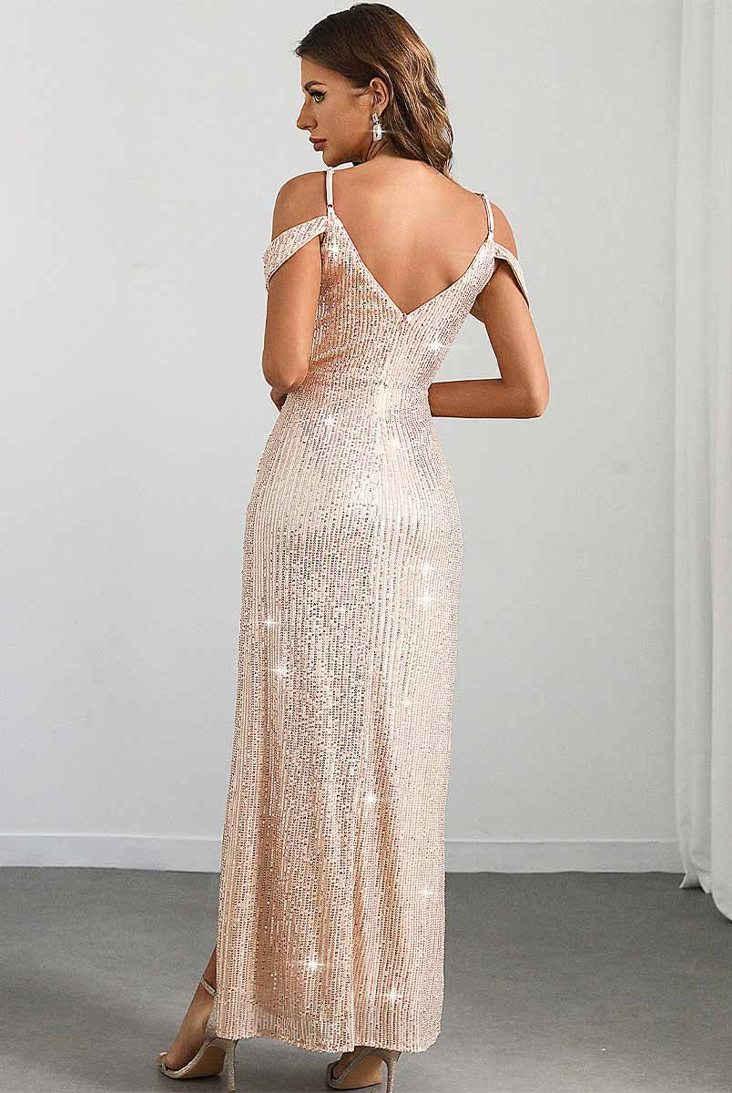 Party Gown - Sequin, Flutter Sleeve, Slit, Spaghetti Strap