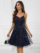 Leaf Sequin A-Line Slip Navy Blue Party Dress