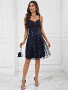 Party Dress - A-Line Navy Blue with Leaf Sequin Slip