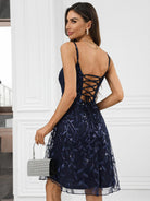 Navy Blue Slip Dress - A-Line Leaf Sequin Party Style