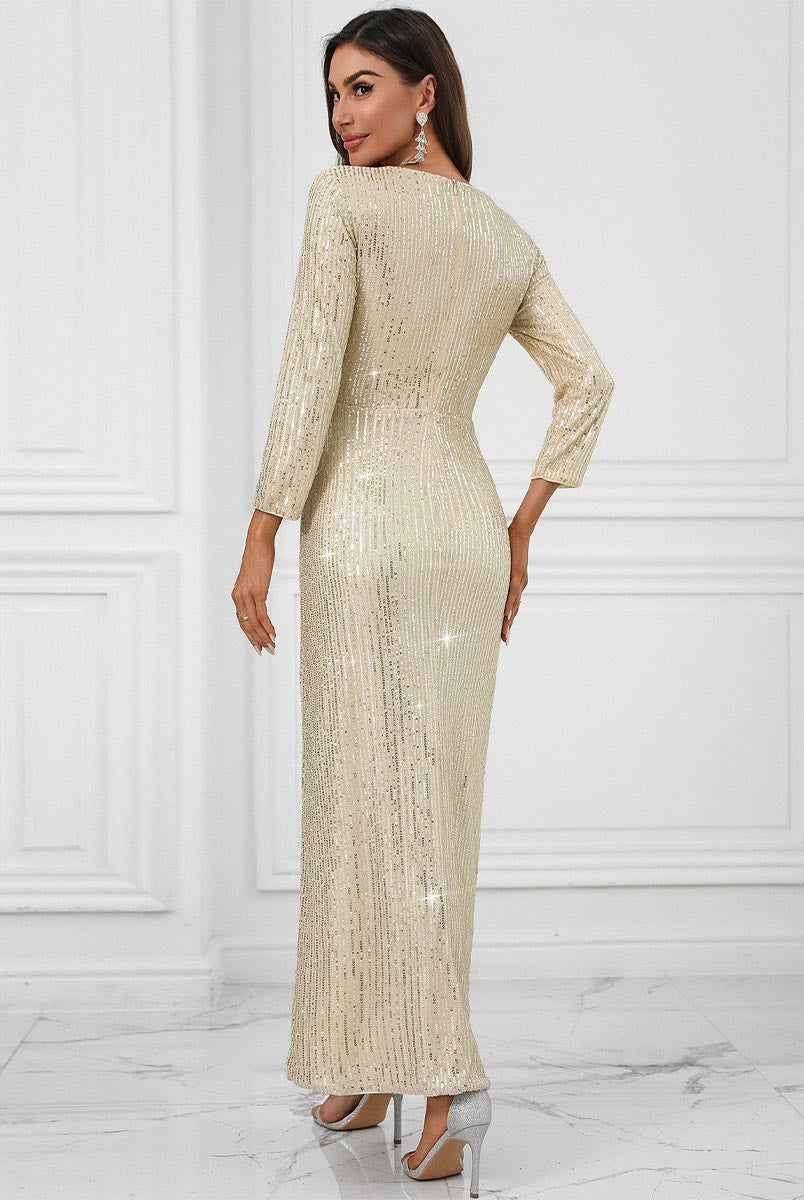 Plunging V-Neck Wrap Sequin Long-Sleeve Maxi Dress