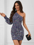 Single Shoulder Colorful Sequin Dress
