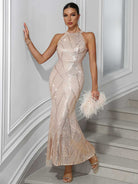 Mermaid Sequin Maxi Party Gown - Champagne Color