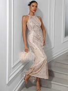 Elegant Champagne Sequin Maxi Gown - Mermaid Style for Parties