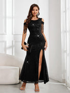 High Slit Sequin Maxi Gown with Flowing Sleeves