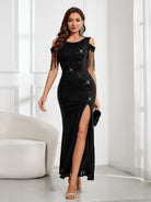 Flowing Sleeve Sequin Maxi Gown with a High Slit