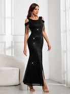Sequin Gown - Maxi Length, Flowing Sleeves, High Slit