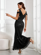 Elegant Flowing Sleeve Maxi Gown with Sequins and High Slit