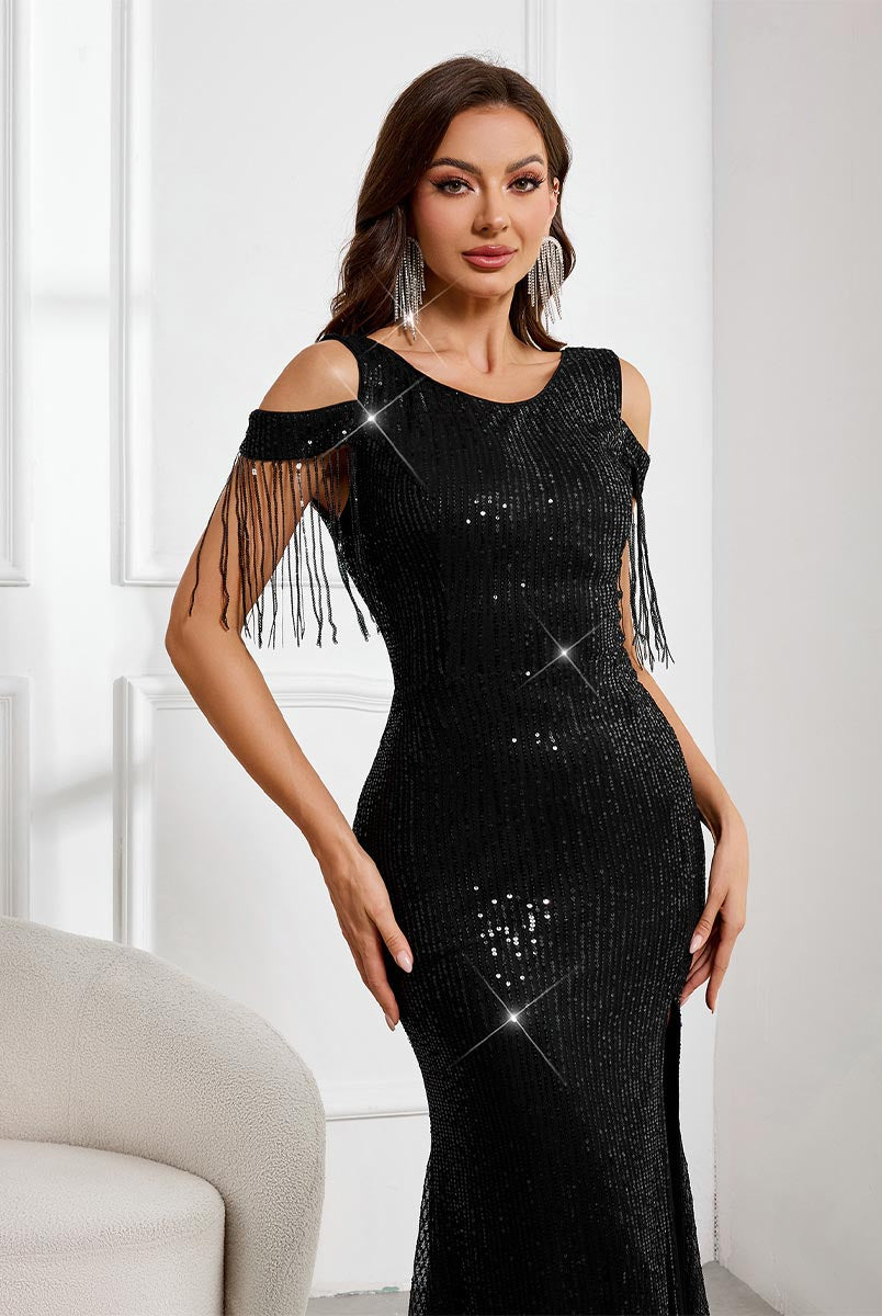 Maxi Dress with Sequins, Flowing Long Sleeves, and High Slit