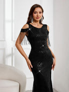 Maxi Dress with Sequins, Flowing Long Sleeves, and High Slit