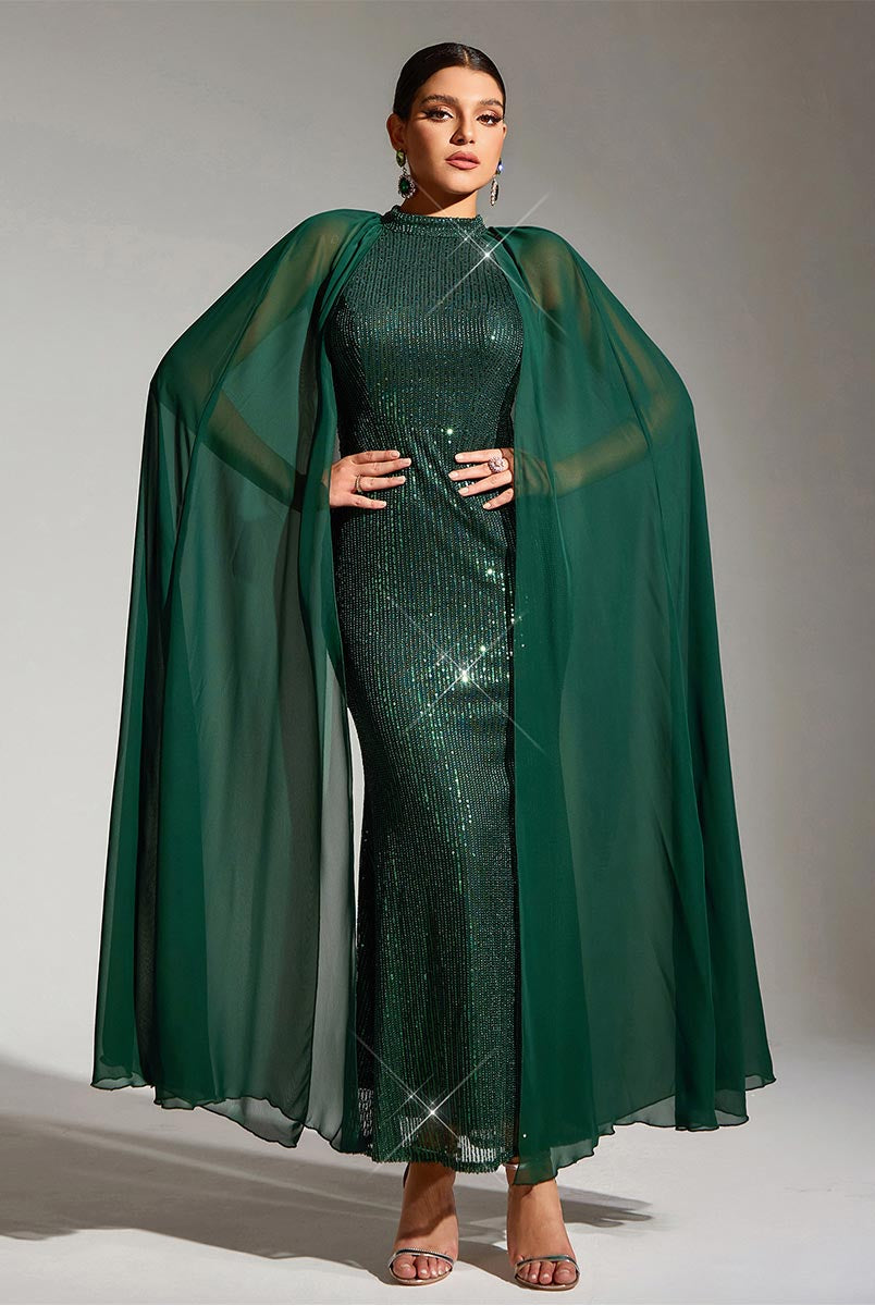 Green Sequin Maxi Party Dress with Cape Sleeves and Round Neck