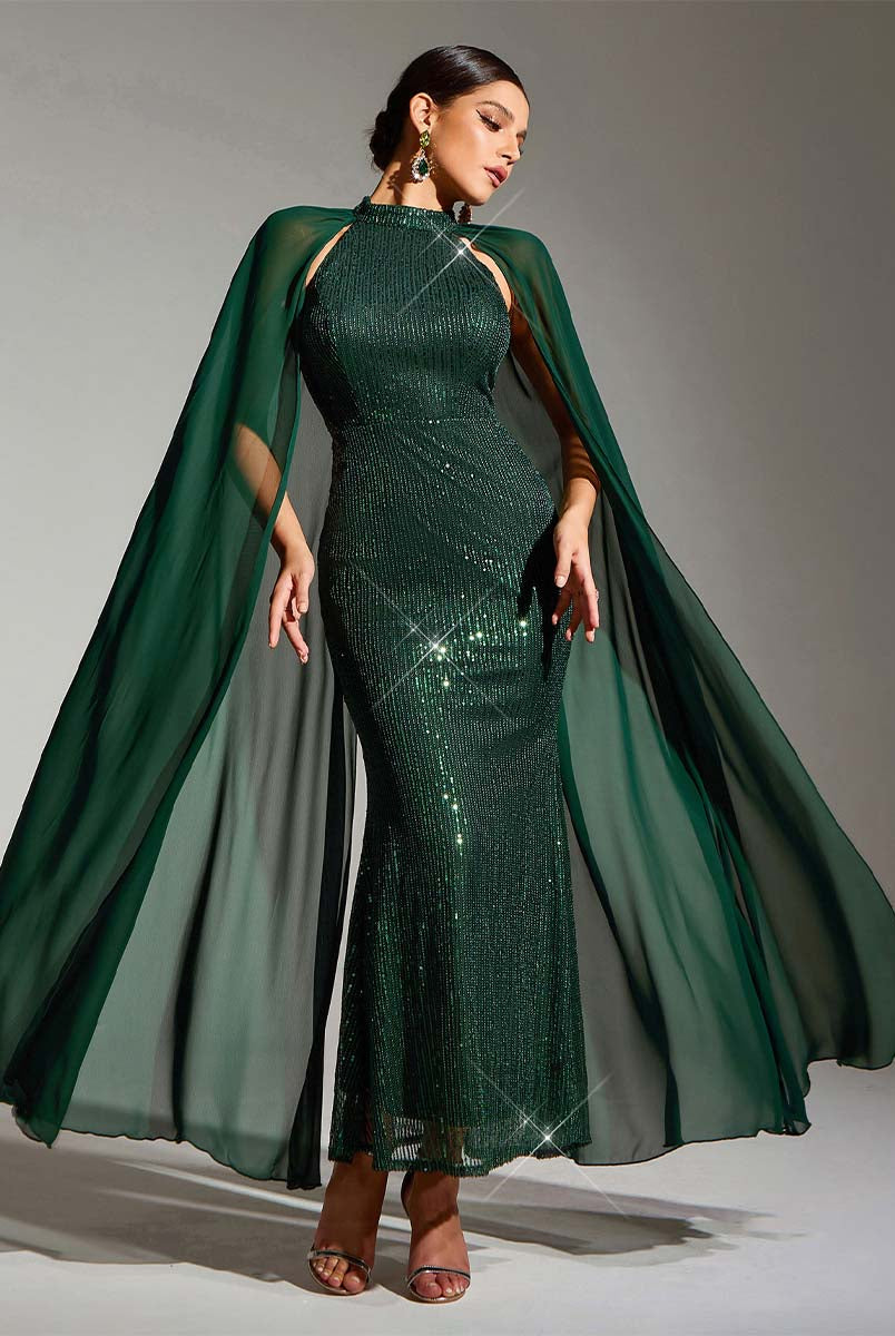 Cape Sleeve Green Sequin Round Neck Maxi Party Dress