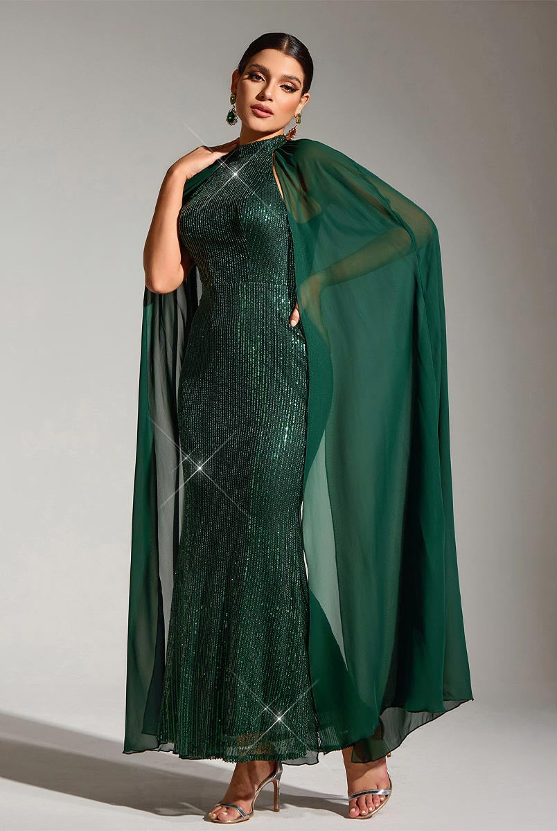 Round Neck Green Sequin Maxi Dress with Cape Sleeves for Parties