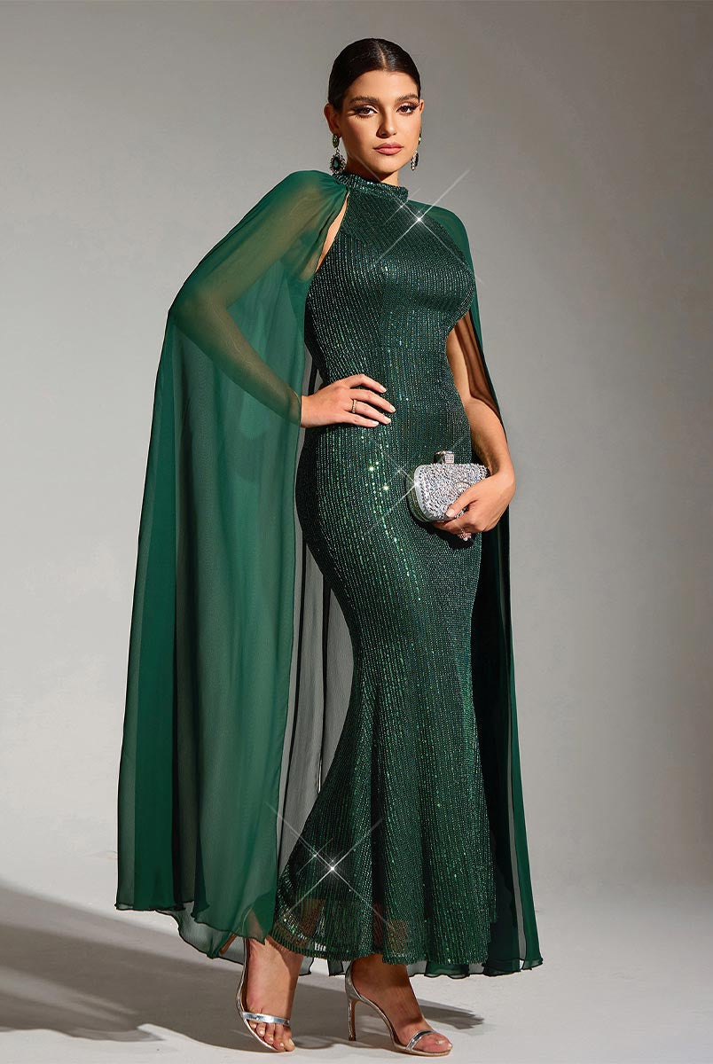 Party Maxi Dress - Green Sequin, Cape Sleeve, Round Neck