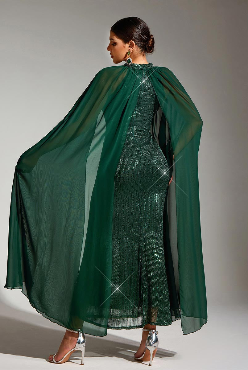 Round Neck Cape Sleeve Green Sequin Party Maxi Gown