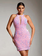 Pink Sequin Sleeveless Bodycon Mini Dress with Round Neck