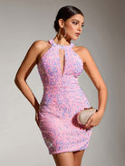 Round Neck Pink Sequin Sleeveless Bodycon Mini Dress