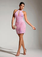 Sleeveless Bodycon Mini Dress - Pink Sequin Round Neck