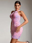 Bodycon Sleeveless Mini Dress in Pink Sequin with Round Neck