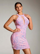 Sparkling Pink Sequin Round Neck Sleeveless Bodycon Mini Dress