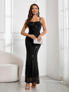 Black Sequin Spaghetti Strap Mermaid Maxi Party Gown